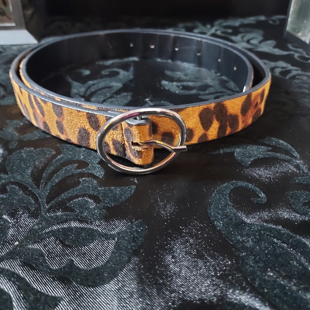 Leopard Print Belt with Silver Buckle